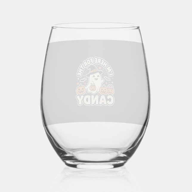Halloween Candy Ghost Pumpkin Design Stemless Wine Glass (Front)