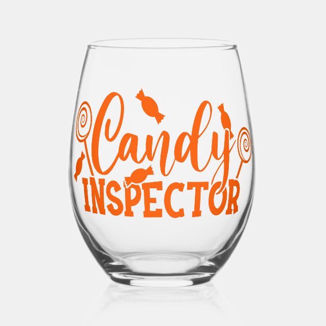 Halloween Candy Inspector Stemless Wine Glass (Front)