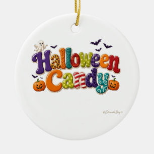 Halloween Candy Patterned Bubble Letters Ceramic Tree Decoration