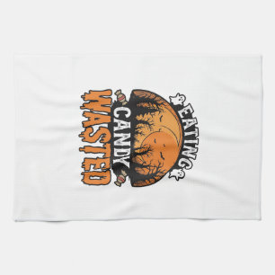 Halloween Candy Wasted Vintage Spooky Shirt Design Tea Towel