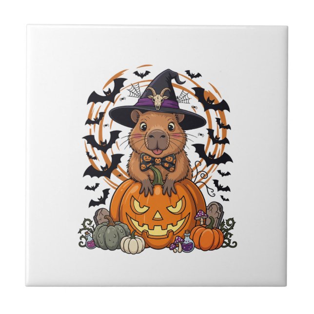 Halloween Capybara Witch Hat Pumpkin Bats Potions Tile (Front)
