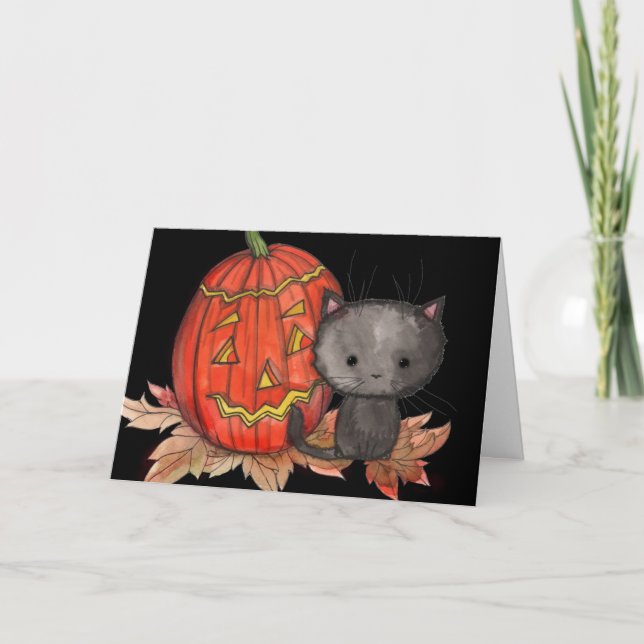 Halloween Card Black Kitten Cat Art (Front)
