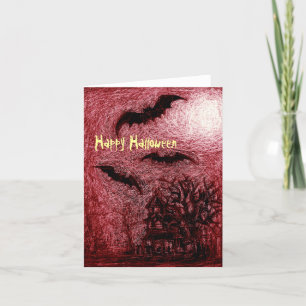 Halloween Card Haunting House Red