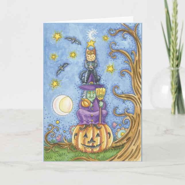 Halloween card with totem Witch, cat and owl sitti (Front)