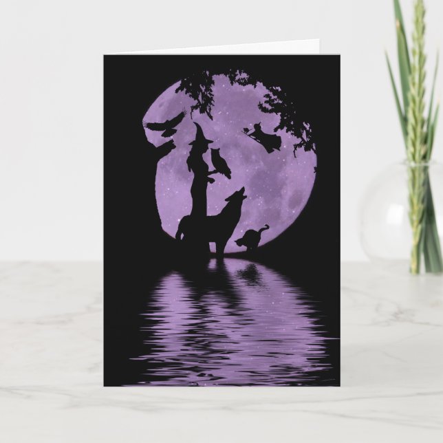 Halloween Card with Witches, wolf, owl black cats (Front)