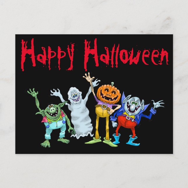 Halloween cartoon creatures waving, postcard. postcard (Front)