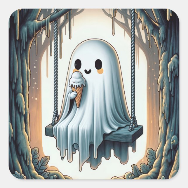 Halloween Cartoon Ghost With Ice Cream Cone Square Sticker (Front)