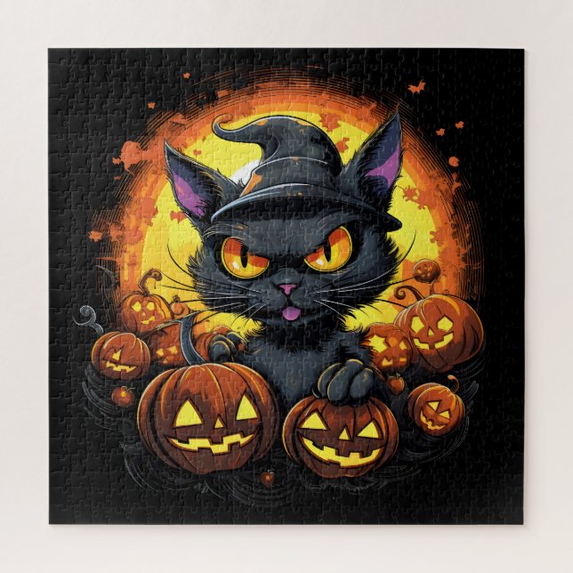 Halloween Cartoon Spooky Witch Cat Jigsaw Puzzle (Vertical)