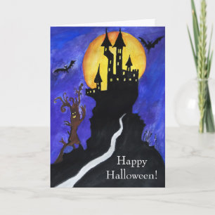 Halloween Castle Bats Tree Drawing Greeting Card