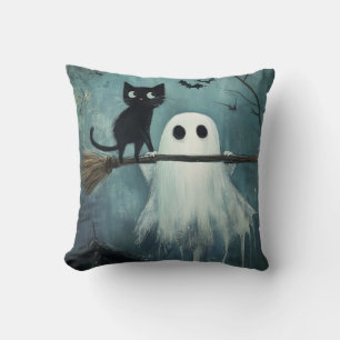Halloween Cat and Ghost Flying on Broom Cushion