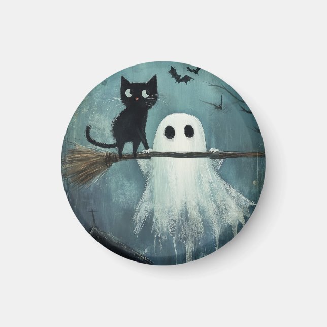 Halloween Cat and Ghost Flying on Broom Magnet (Front)