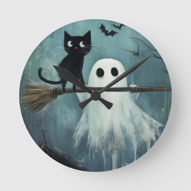 Halloween Cat and Ghost Flying on Broom Round Clock (Front)