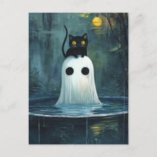 Halloween Cat and Ghost in Pool Postcard