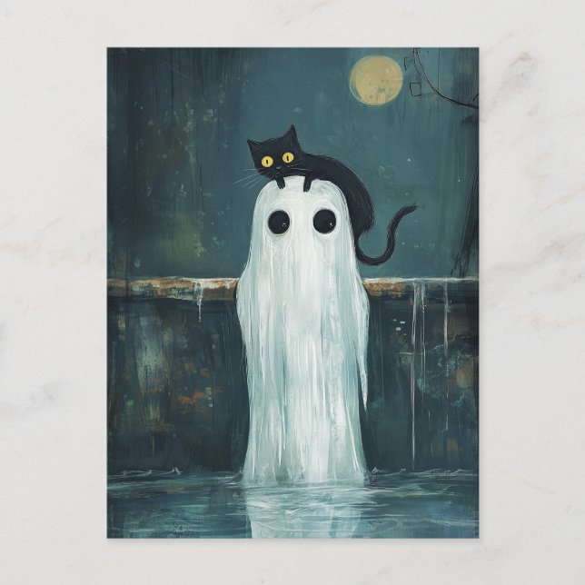 Halloween Cat and Ghost in Pool Postcard (Front)