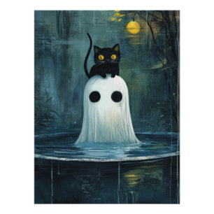 Halloween Cat and Ghost in Pool Poster