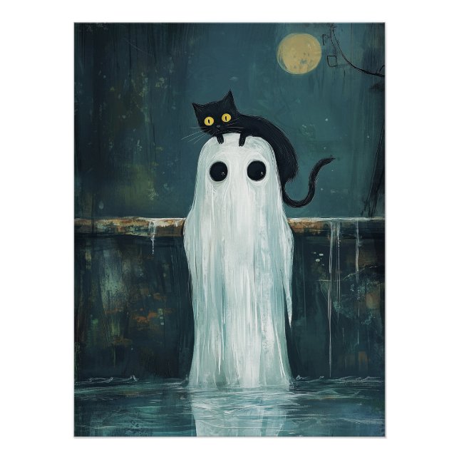 Halloween Cat and Ghost in Pool Poster (Front)