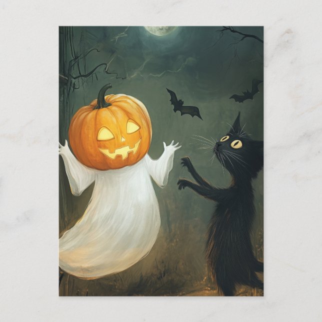Halloween Cat and Ghost Postcard (Front)