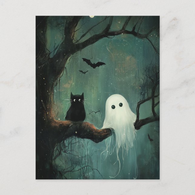 Halloween Cat and Ghost Postcard (Front)