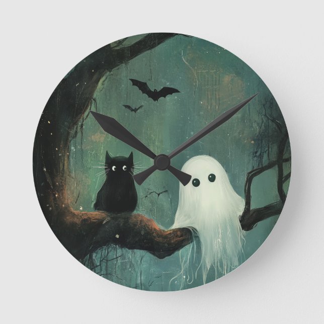 Halloween Cat and Ghost Round Clock (Front)