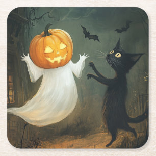 Halloween Cat and Ghost Square Paper Coaster