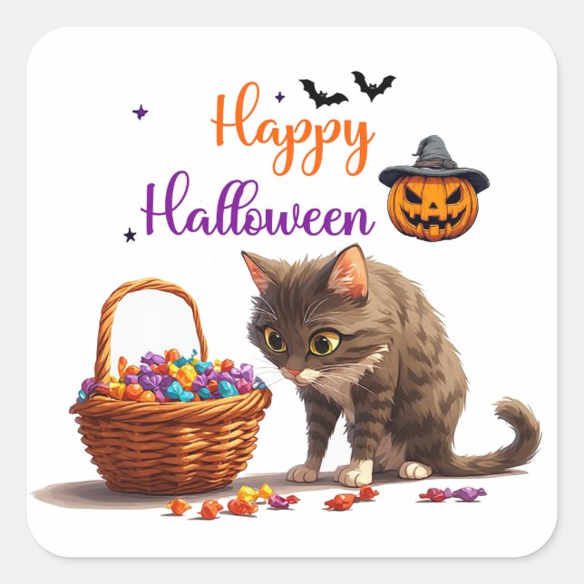 Halloween Cat And Jack O Lantern Candy Surprise 🍭 Square Sticker (Front)