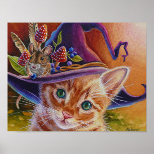 Halloween Cat and Mouse No. 1 Watercolor Art 11x14 Poster