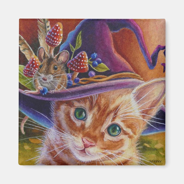 Halloween Cat and Mouse No. 1 Watercolor Art Magnet (Front)