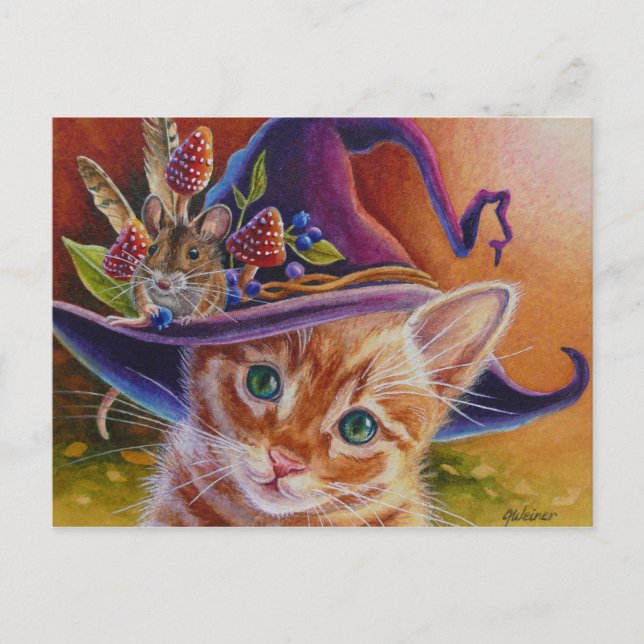Halloween Cat and Mouse No. 1 Watercolor Art Postcard (Front)
