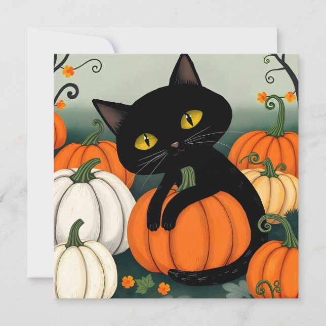 Halloween cat and pumpkin holiday card (Front)