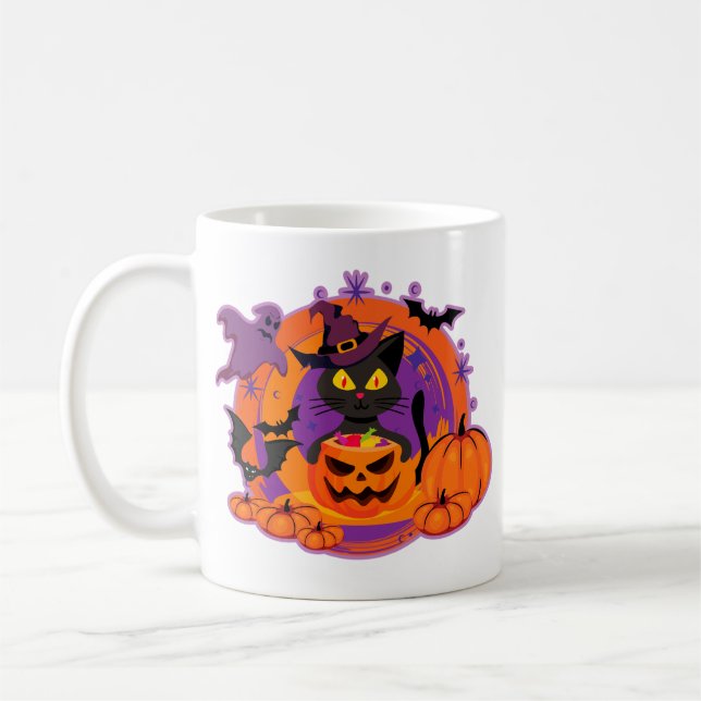 Halloween Cat And Pumpkins Coffee Mug (Left)