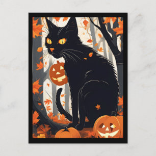 Halloween cat and pumpkins holiday postcard