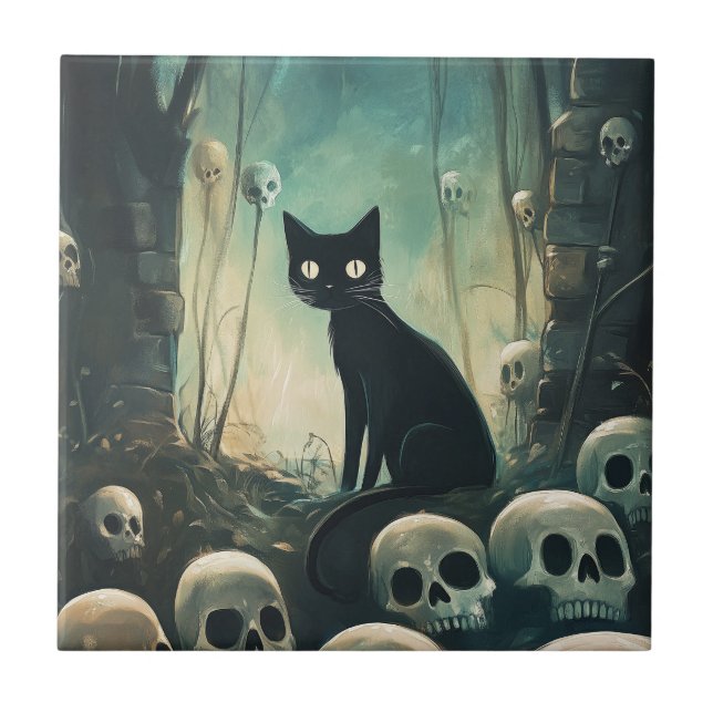 Halloween Cat and Skulls Tile (Front)
