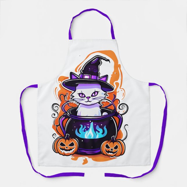Halloween Cat Apron - Witch Cauldron Design (Front)