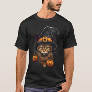 Halloween Cat Costume Maine Coon Witch Hat Jack o T-Shirt