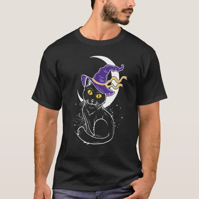 Halloween Cat Crescent Moon Witch Hat T-Shirt (Front)