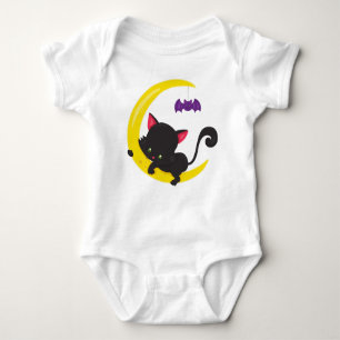 Halloween Cat, Cute Cat, Black Cat, Moon, Bat Baby Bodysuit