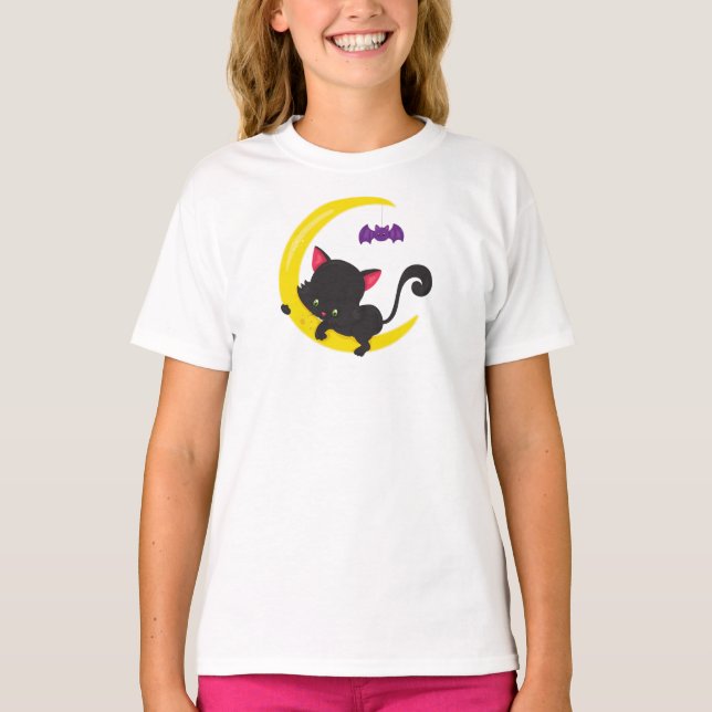 Halloween Cat, Cute Cat, Black Cat, Moon, Bat T-Shirt (Front)