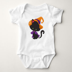 Halloween Cat, Cute Cat, Black Cat, Witch Hat Baby Bodysuit
