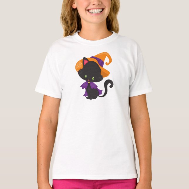 Halloween Cat, Cute Cat, Black Cat, Witch Hat T-Shirt (Front)