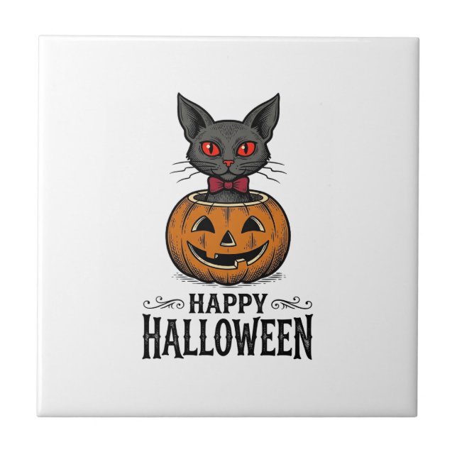Halloween Cat Cute Pumpkin Vintage Spooky_1 Tile (Front)