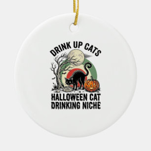 Halloween Cat Drinking Vintage Moon Party Shirt_1 Ceramic Tree Decoration