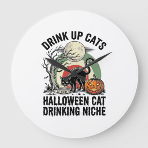 Halloween Cat Drinking Vintage Moon Party Shirt_1 Large Clock