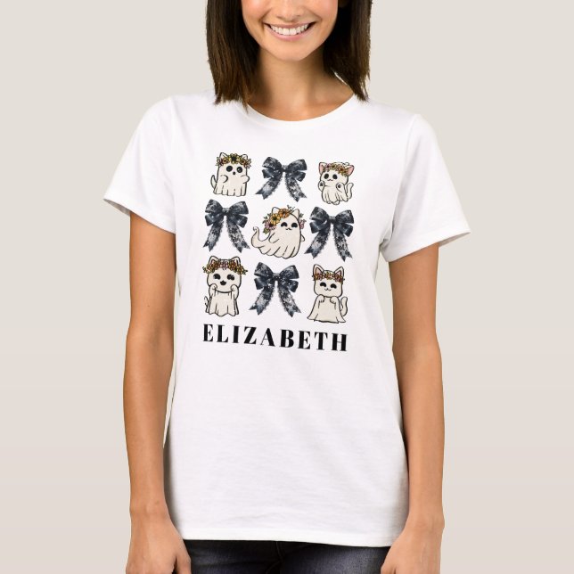 Halloween Cat Ghost Coquette Bow Personalised T-Shirt (Front)