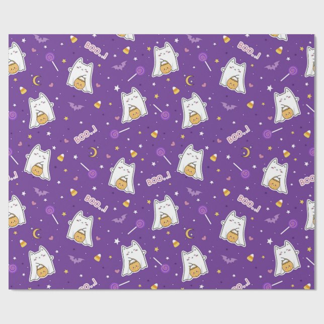 Halloween Cat Ghost Wrapping Paper Roll (Flat)