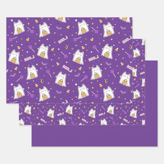 Halloween Cat Ghost Wrapping Paper Set (Set)