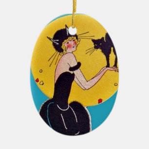 Halloween Cat Girl and Black Cat Ceramic Tree Decoration