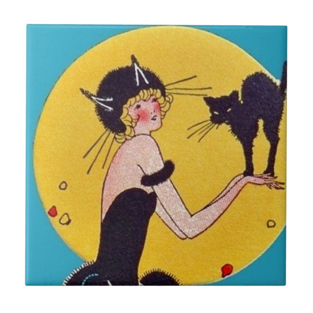 Halloween Cat Girl and Black Cat Tile (Front)