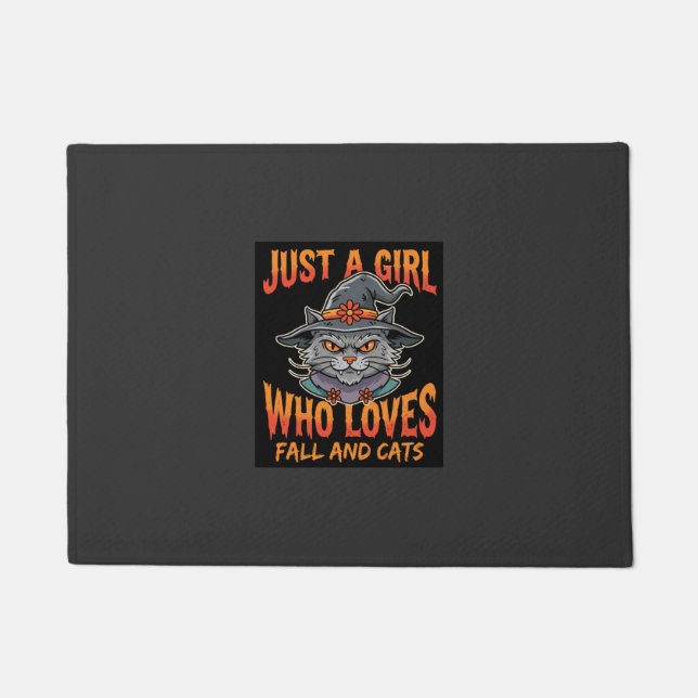 Halloween Cat Girl Witch Hat Fall Design Doormat (Front)