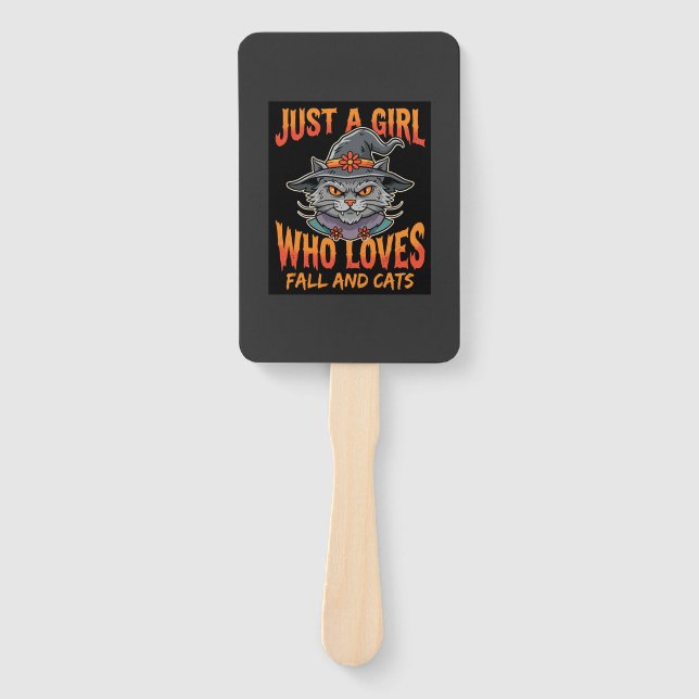Halloween Cat Girl Witch Hat Fall Design Hand Fan (Front)