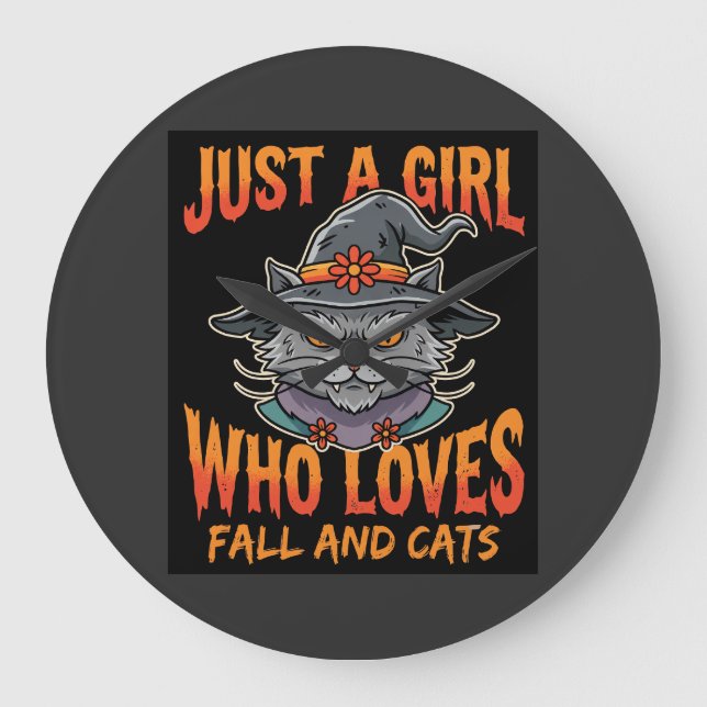 Halloween Cat Girl Witch Hat Fall Design Large Clock (Front)